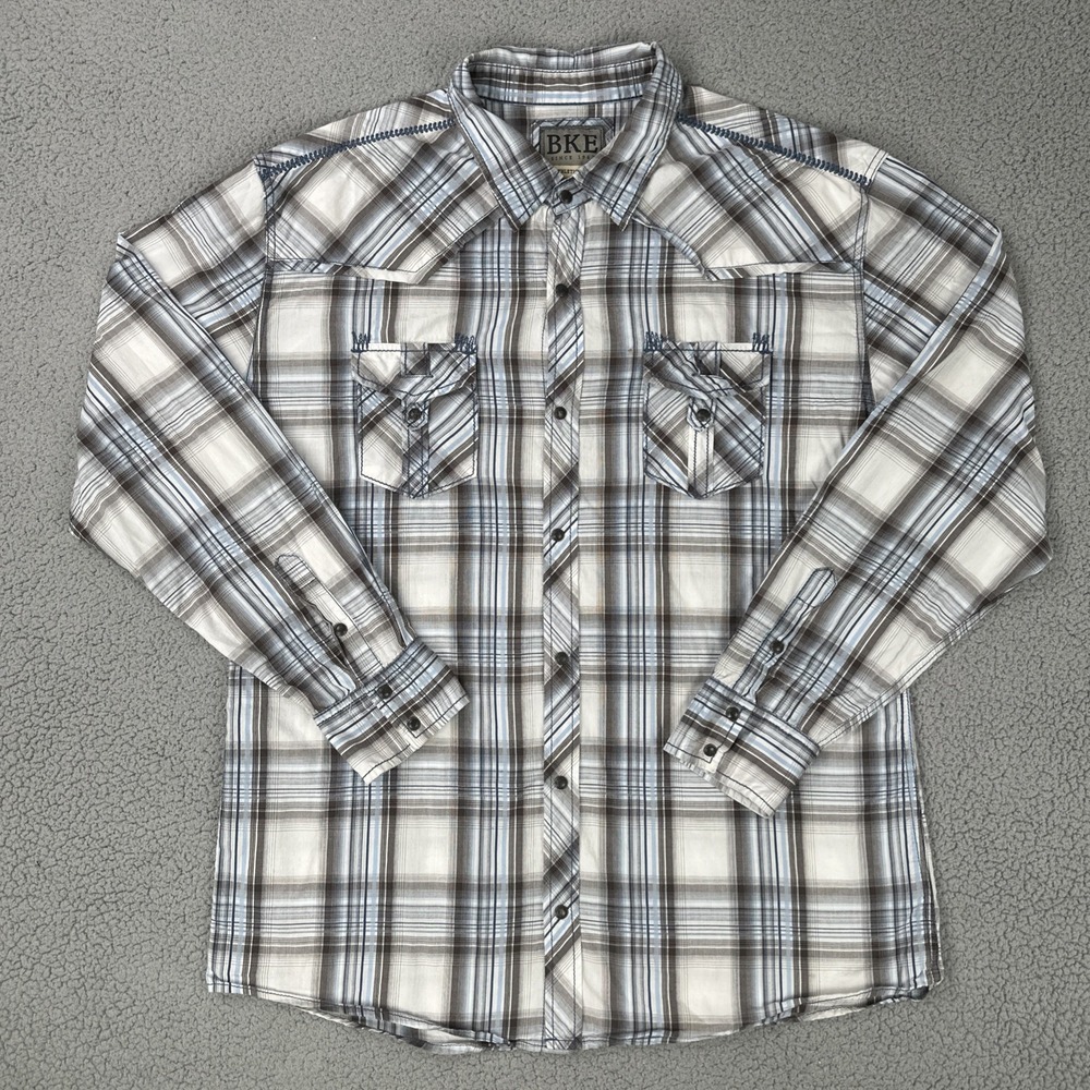 BKE Buckle Pearl Snap Shirt Men 2XL Plaid Athletic Fit Flap Pockets Long Sleeve